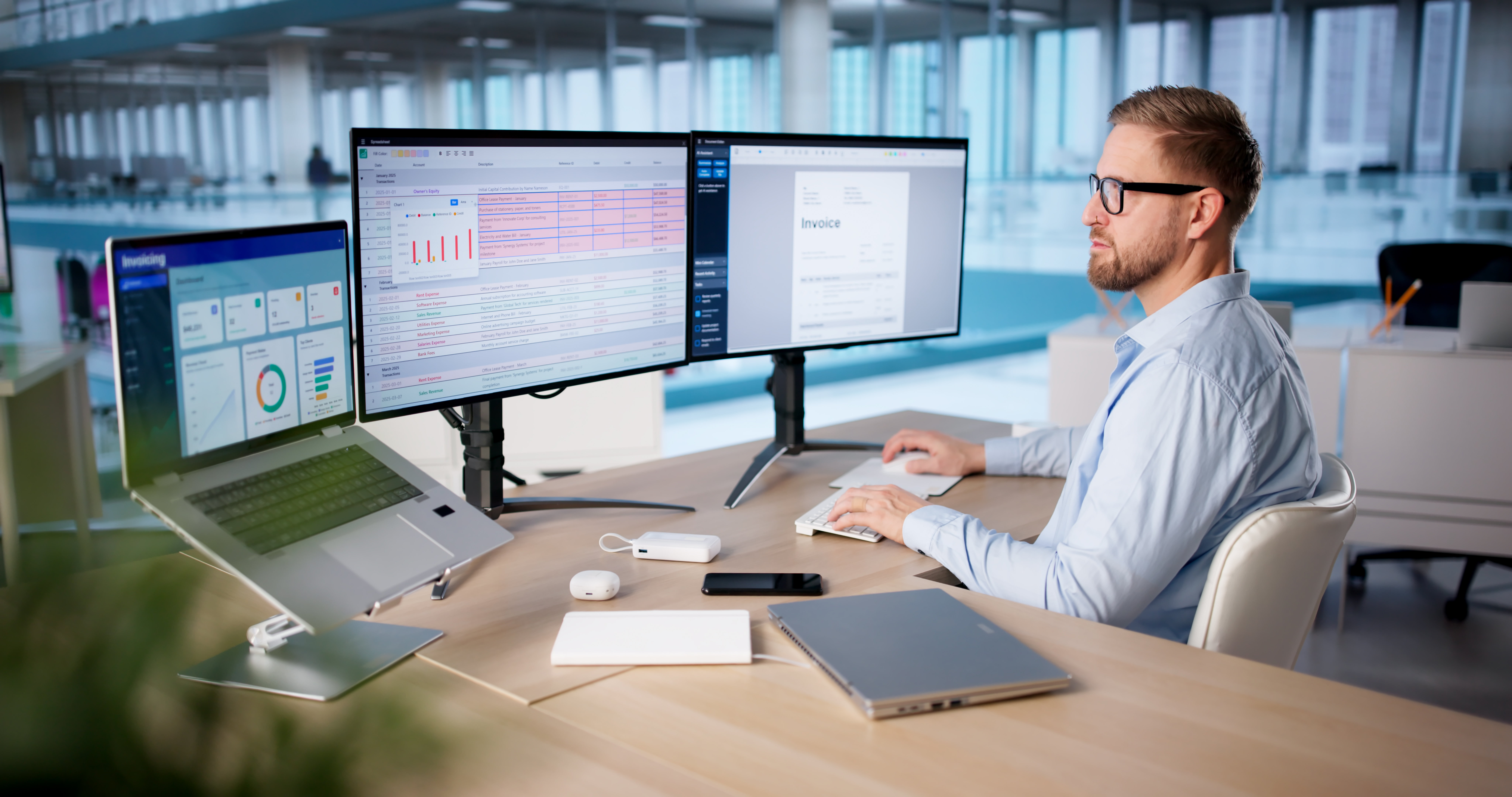 Corporate Bookkeeper Examining Tax Reports On Spreadsheet In Office Setting