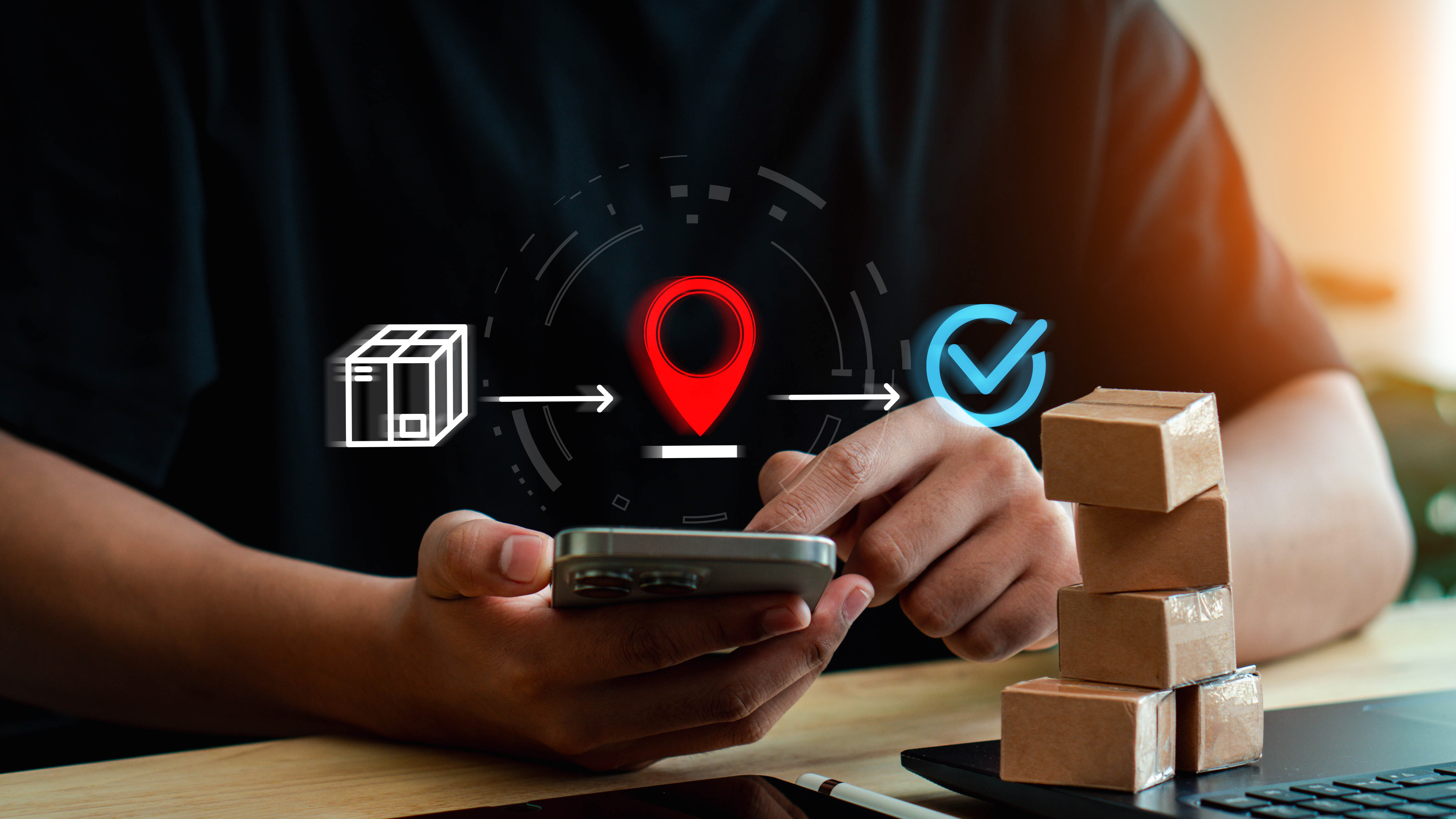 ustomer tracks a global package delivery route on a smartphone. Map interface shows shipment status, courier service, logistics network, order confirmation, transport, and ecommerce distribution.